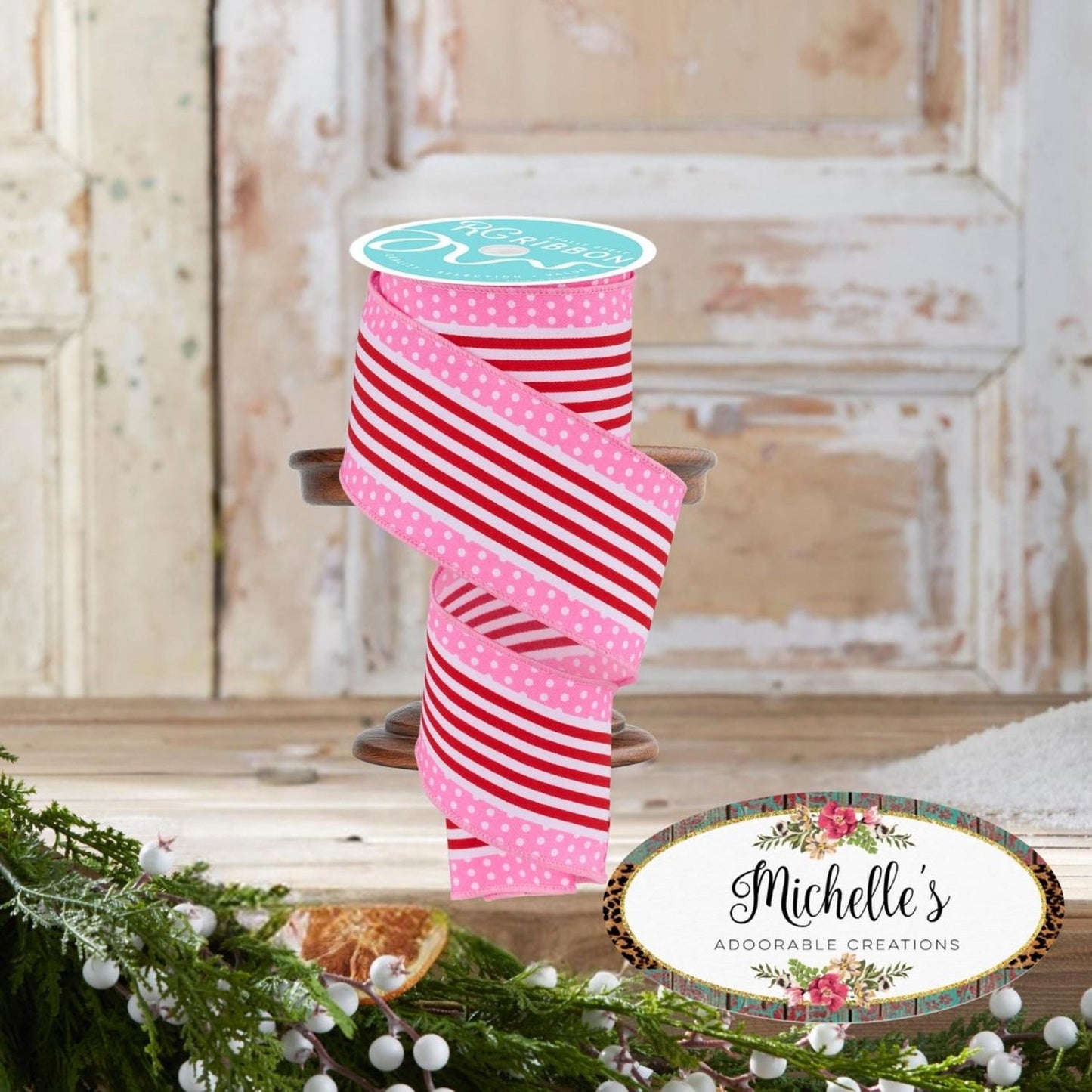 2.5" Vertical Stripe Polka Dot Edge Ribbon: Red/Pink (10 Yards)