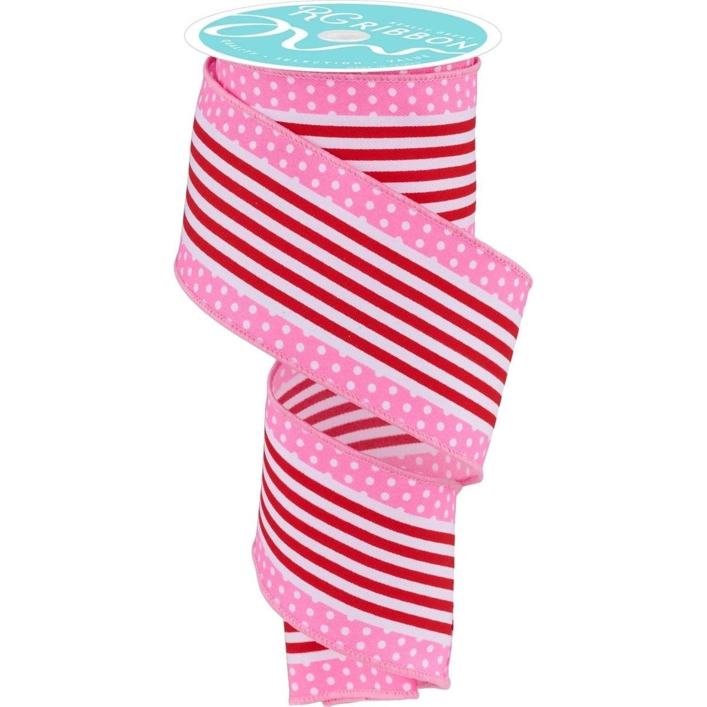 2.5" Vertical Stripe Polka Dot Edge Ribbon: Red/Pink (10 Yards)
