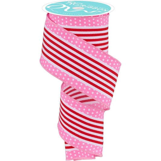 2.5" Vertical Stripe Polka Dot Edge Ribbon: Red/Pink (10 Yards)