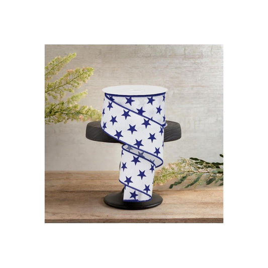 2.5" White Royal Canvas Ribbon: Blue Stars (10 Yards)