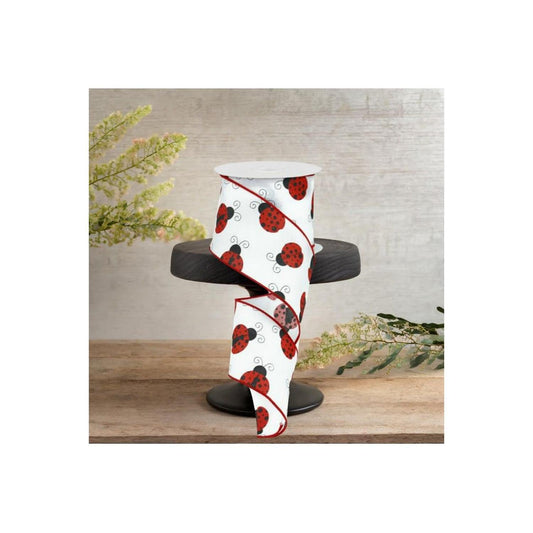 2.5" White Satin Ladybug Ribbon (10 Yards)