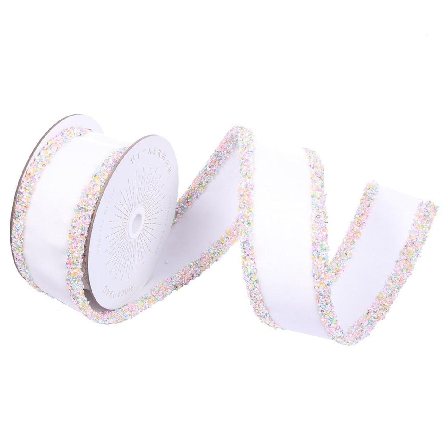 2.5" White Velvet Sequin Trim Ribbon: Pastel (5 Yards)