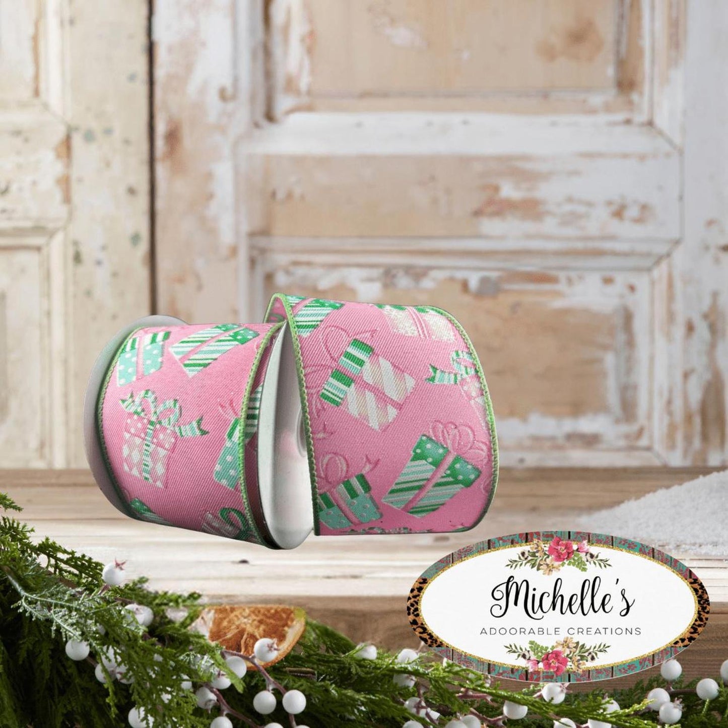 2.5" Wrapped Gifts Ribbon: Pink and Mint (10 Yards)