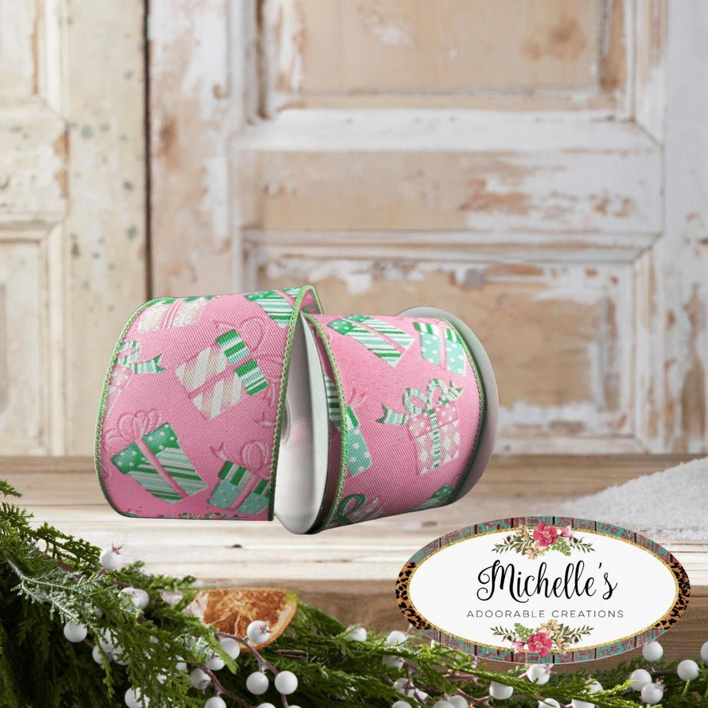 2.5" Wrapped Gifts Ribbon: Pink and Mint (10 Yards)