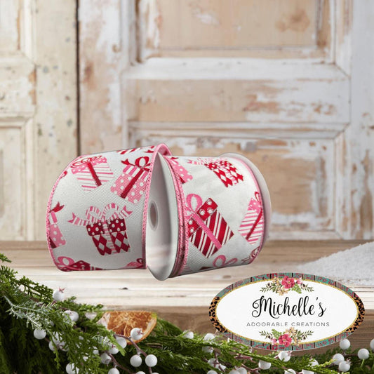 2.5" Wrapped Gifts Ribbon: Red, Pink, and White (10 Yards)