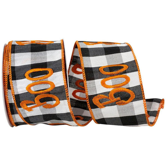 2.5in Boo Embroidered Check Wired Ribbon (10 Yards)