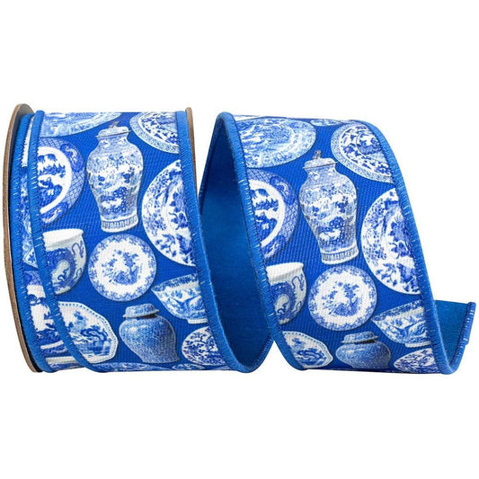 2.5in Terra Cotta Ceramics Chinoiserie Ribbon: Blue (10 Yards)