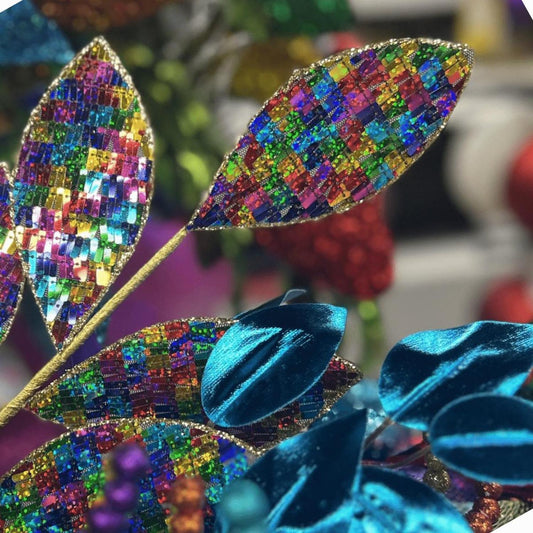 27" Sequin Magnolia Leaf Spray: Fiesta
