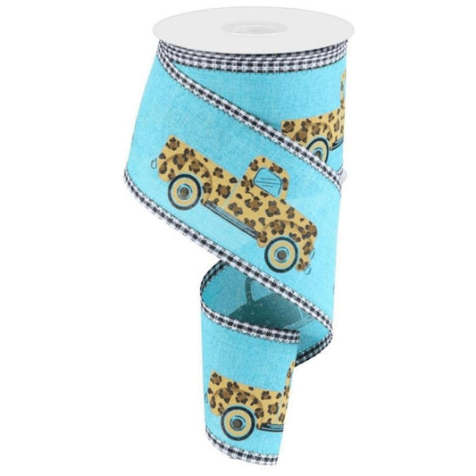2.75" Leopard Truck Gingham Edge Ribbon: Teal (10 Yards)