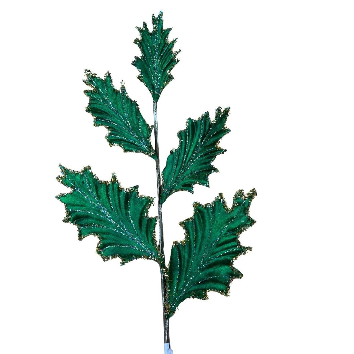 28" Tinsel Holly Leaf Spray: Emerald Green