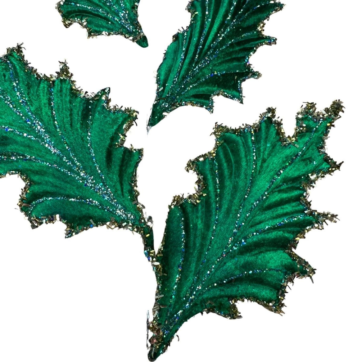 28" Tinsel Holly Leaf Spray: Emerald Green