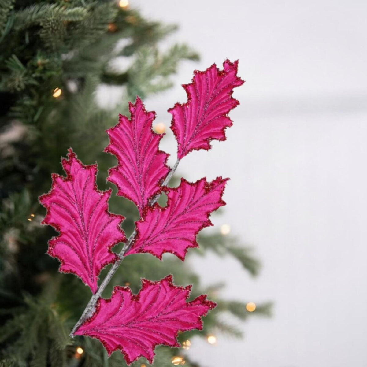 28" Tinsel Holly Leaf Spray: Hot Pink