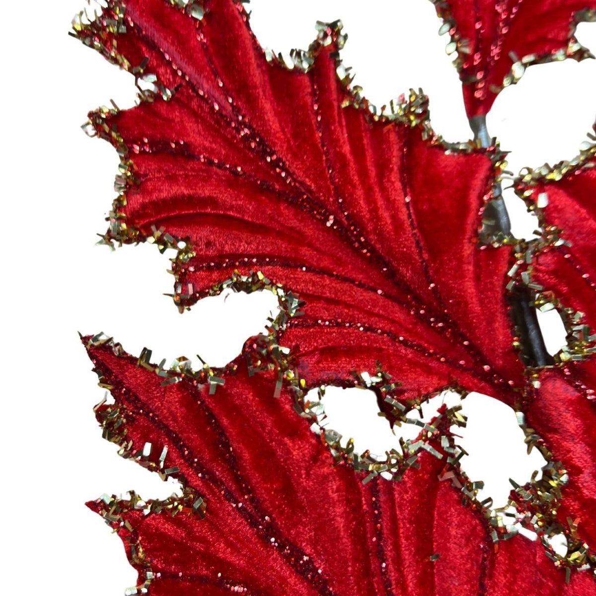28" Tinsel Holly Leaf Spray: Red