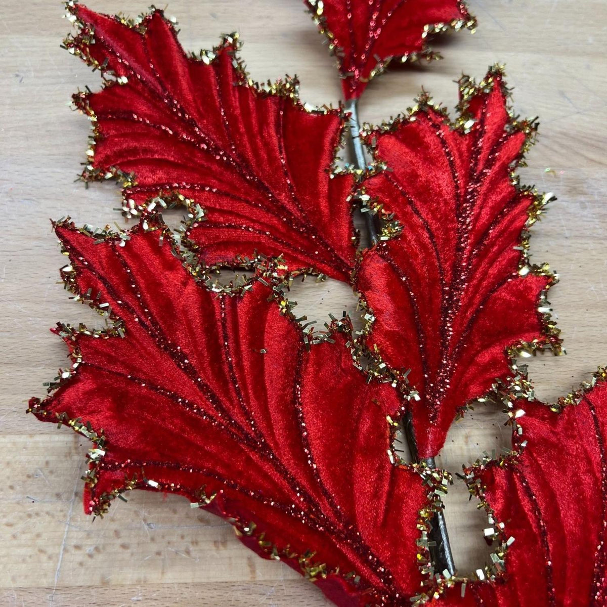 28" Tinsel Holly Leaf Spray: Red