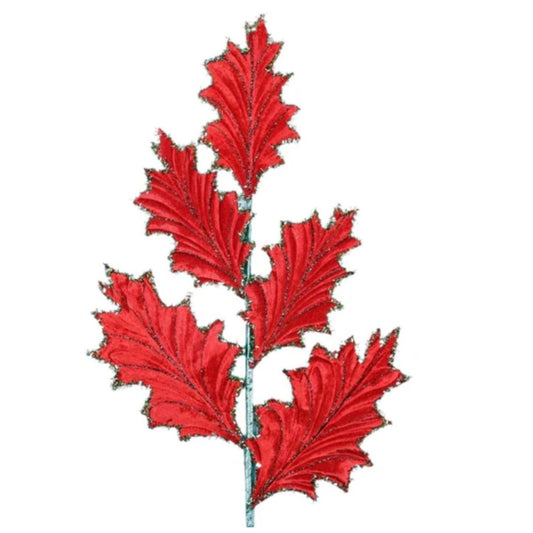 28" Tinsel Holly Leaf Spray: Red