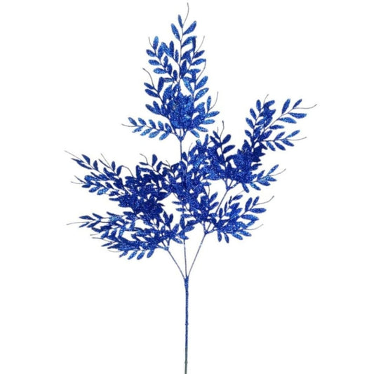 29" Glitter Boxwood Leaf Spray: Midnight Blue