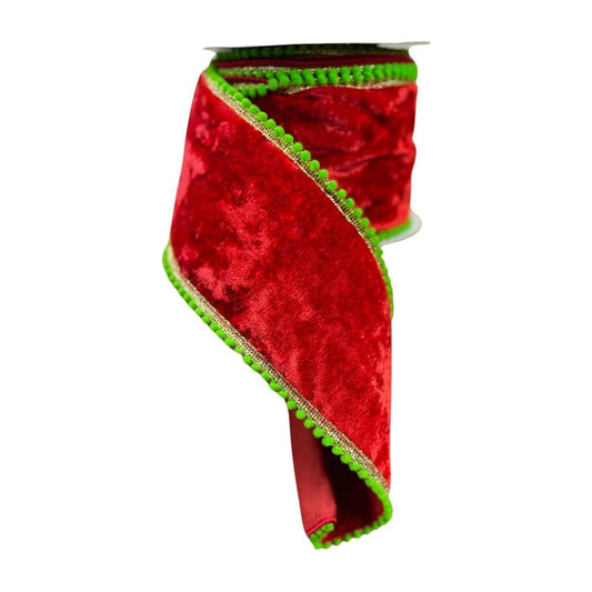 4" Beaded Pom Edge Ribbon: Red/Lime (10 Yards)