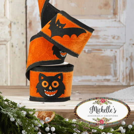 4" Black Cat Bat Velvet Ribbon: Orange (5 Yards)