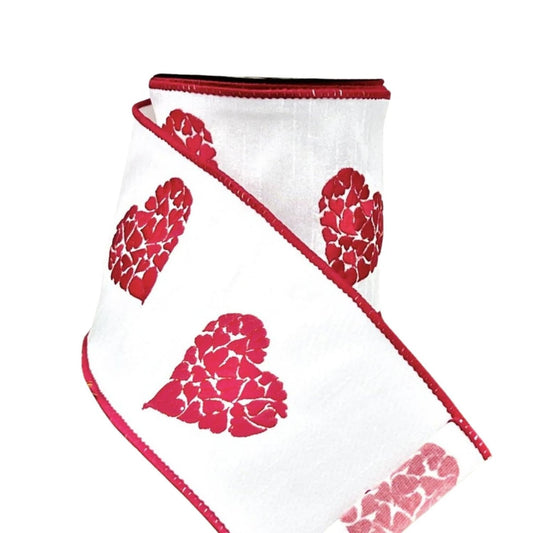 4" Embroidered Hearts Ribbon: White/Red (10 Yards)