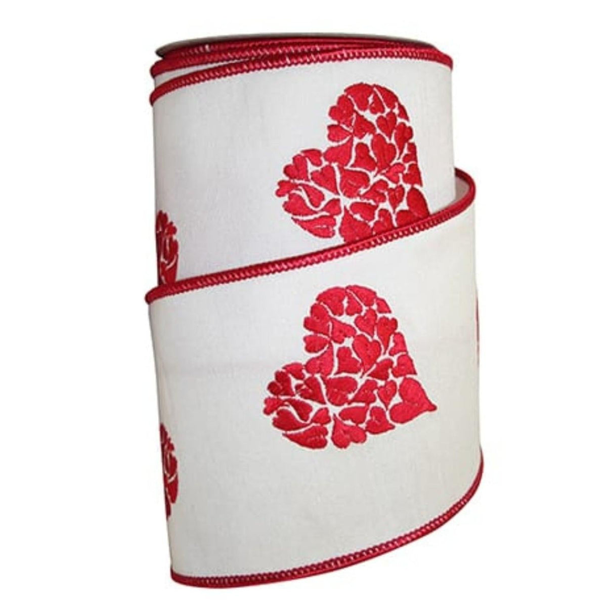 4" Embroidered Hearts Ribbon: White/Red (10 Yards)