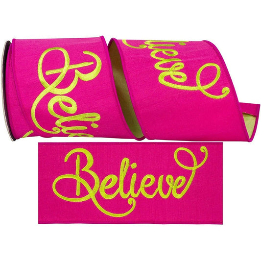 4" Embroidery Believe Ribbon: Hot Pink/Lime Green (5 Yards)