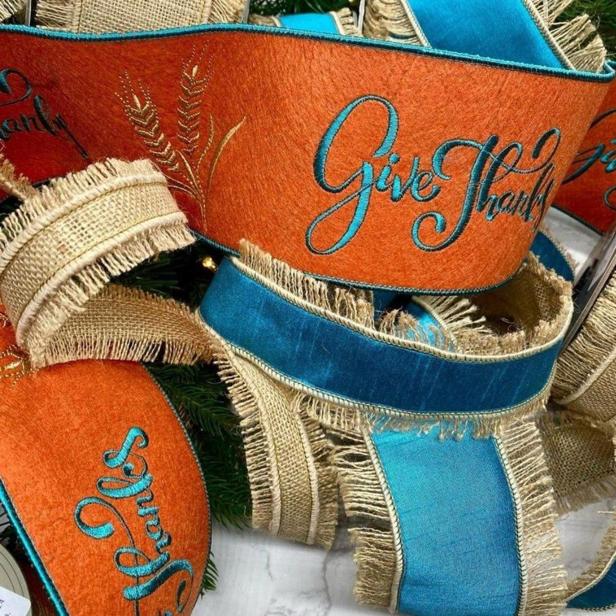 4" Embroidery Give Thanks Felt Ribbon: Teal (5 Yards)