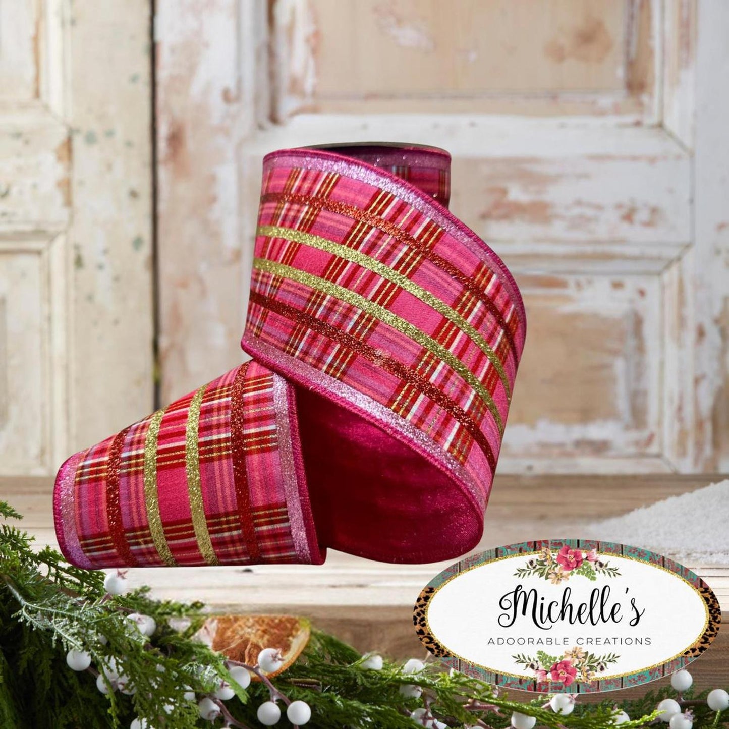 4" Faux Dupion Plaid Glitter Ribbon: Red, Pink and Gold (5 Yards)