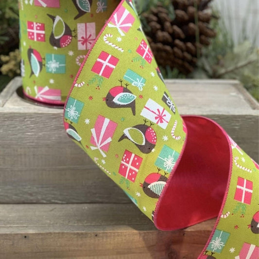 4" Faux Linen Bird Ribbon: Hot Pink & Green (10 Yards)
