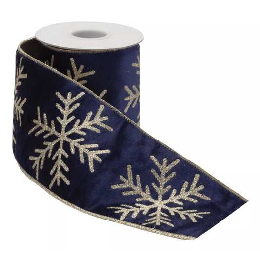 4" Gold Snowflake Ribbon: Blue (5 Yards)