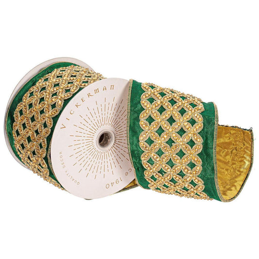 4 inch Jeweled Ribbon: Green/Gold (5 Yards)