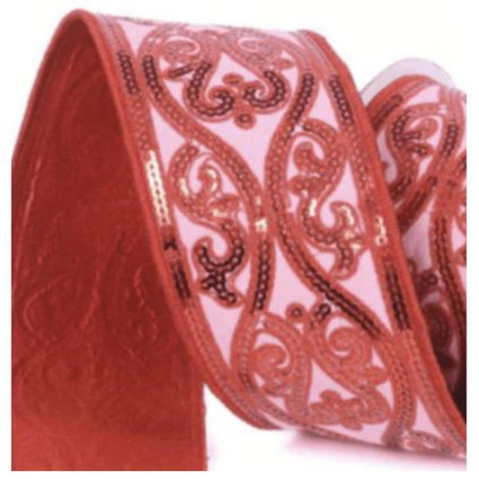 4" Morris Tapestry Ribbon: Pink/Red (5 Yards)