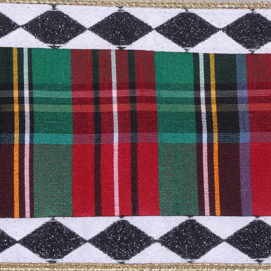 4" Multi Tartan Black White Diamond Ribbon (10 Yards)