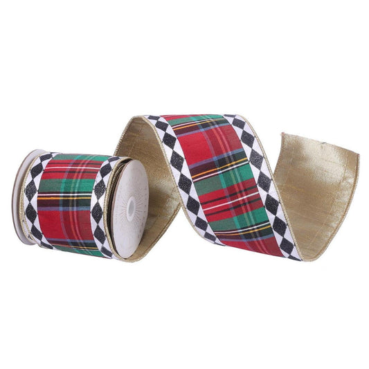 4" Multi Tartan Black White Diamond Ribbon (10 Yards)
