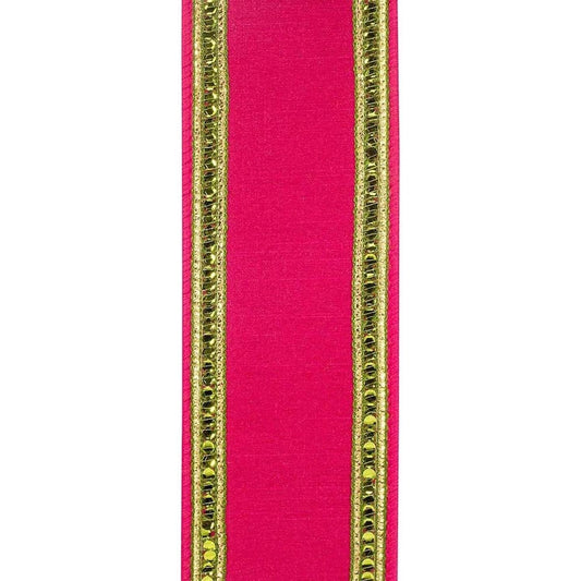 2.5 inch Sequin Trimmed Dupioni Ribbon: Lime/Pink (5 Yards)