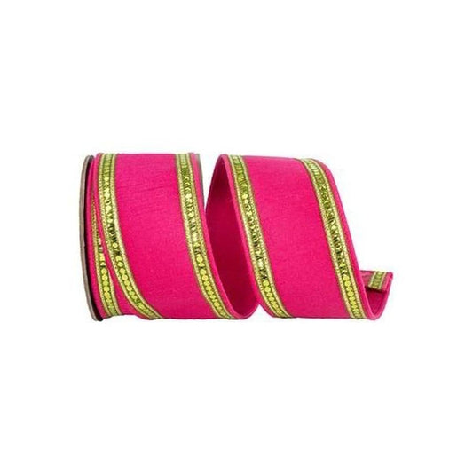 2.5 inch Sequin Trimmed Dupioni Ribbon: Lime/Pink (5 Yards)