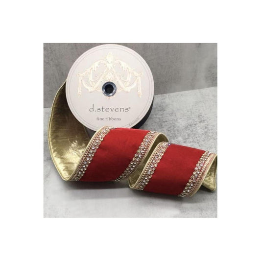 4" Velvet Gold Jewel Ribbon: Red (5 Yards)