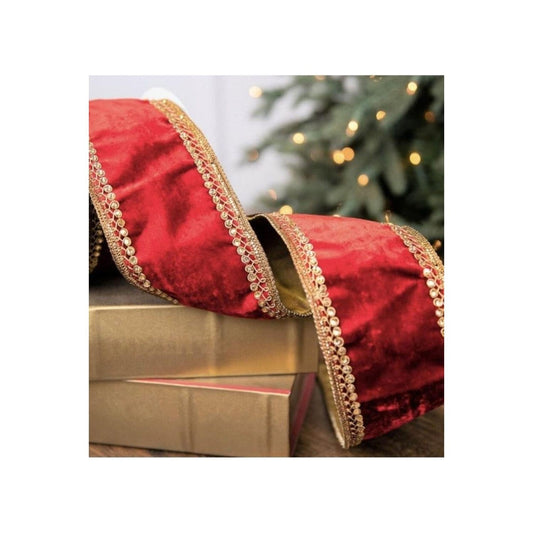 4" Velvet Gold Jewel Ribbon: Red (5 Yards)