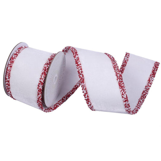 4" White Velvet Sequin Trim Ribbon: White/Red (5 Yards)
