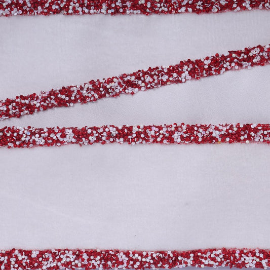 4" White Velvet Sequin Trim Ribbon: White/Red (5 Yards)