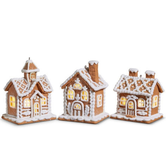 4.25" Lighted Gingerbread House Ornament (Set of 3)