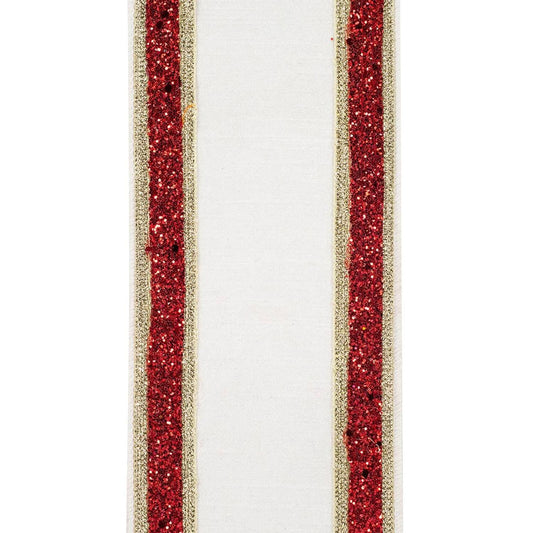 4in Dupioni Regalia Glitter Ribbon: Red/White (5 Yards)