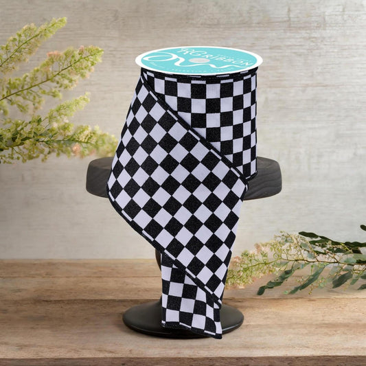 4in Glitter Check Ribbon: Black (10 Yards)