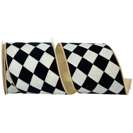 4in Harlequin Velvet Ribbon: Black/White (5 Yards)