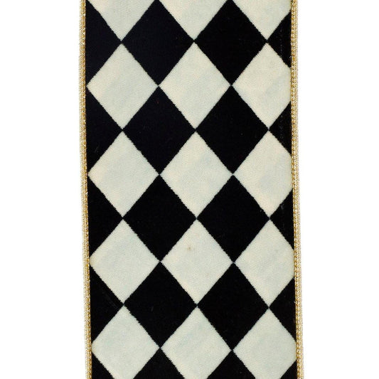4in Harlequin Velvet Ribbon: Black/White (5 Yards)