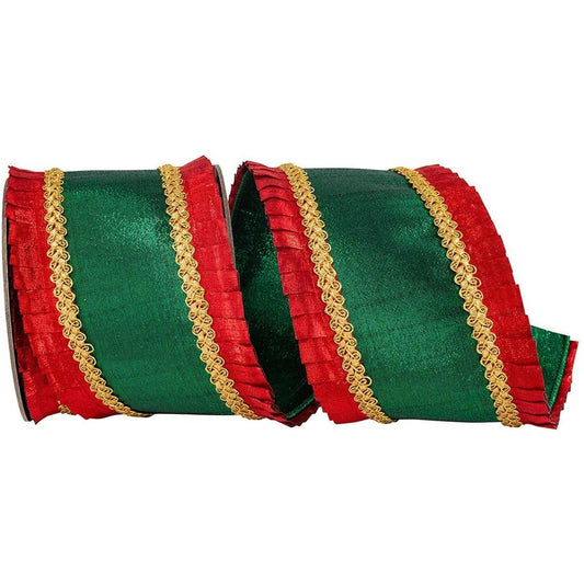 4in Metallic Dupioni Pleated Ribbon: Red/Green (5 Yards)