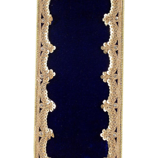 4in Plush Velvet Sequin Scallop Ribbon: Navy Blue (5 Yards)