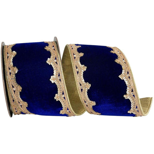 4in Plush Velvet Sequin Scallop Ribbon: Navy Blue (5 Yards)