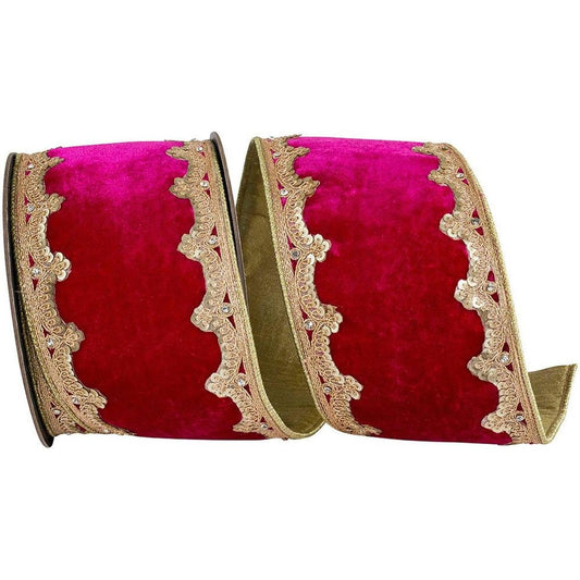 4in Plush Velvet Sequin Scallop Ribbon: Ruby (5 Yards)