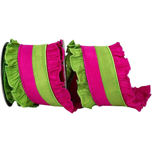 4in Ruffle Festivity Dupioni Ribbon: Citrus/Fuchsia (5 Yards)