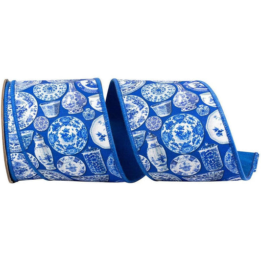 4in Terra Cotta Ceramics Chinoiserie Ribbon: Blue (10 Yards)